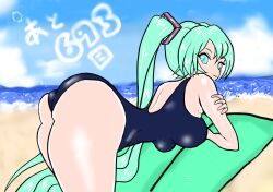 ass ass_up big_ass big_breasts hatsune_miku laying_down on_beach swimsuit thick_thighs vocaloid