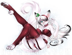 anthro big_ear blue_eyes bow_tie bra christmas claws closed_legs feline female fur furry garter_straps hair headband hindpaw legs_up lingerie looking_at_viewer mistletoe neolucky one_closed_eyes paws raised_tail ribbons sitting skimpy solo stockings thong toeless_socks underwear white_fur white_hair