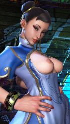 1girls 3d 3d_(artwork) chun-li clothed medium_breasts mod nipples sf_screenshot street_fighter street_fighter_6 thick_thighs topless