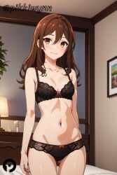 ai_generated ass_visible_through_thighs bangs bare_arms bare_shoulders black_bra black_panties blush bow bow_bra bow_panties bra breasts brown_eyes brown_hair closed_mouth collarbone cowboy_shot female hair_between_eyes hori_kyouko horimiya indoors lamp long_hair looking_at_viewer navel panties pikkiwynn small_breasts smile solo standing stomach underwear underwear_only