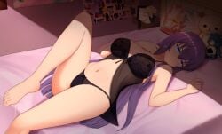 1girls barefoot bed blue_eyes busujima_saeko care_bears grumpy_bear highschool_of_the_dead lingerie long_hair moomin moomintroll navel panties purple_hair rilakkuma rilakkuma_(series) rilakkuma_and_kaoru san-x teddy_bear the_moomins underwear yisusjpl