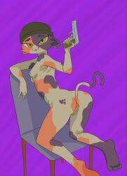 anthro beanie beanie_only breasts calico_cat chair female_only fortnite furry gun heart_shaped_fur meow_skulls_(fortnite) pierced_ear pierced_nipples practically_nude pussy retro_artstyle simple_background slurmberry yellow_eyes