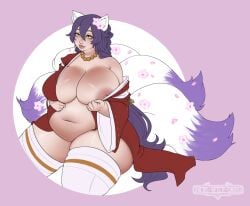 asian_clothing chubby curvy fat fox fox_ears fox_tail hero-after-dark kimono kitsune multiple_tails nipple_slip nipples purple_hair stockings tails