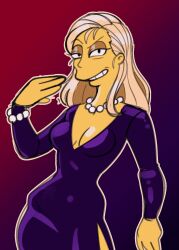 1milf 20th_century_fox 20th_century_studios black_dress breasts dress female formal galactabee gavin's_mom grin hair_down half-closed_eyes highres large_breasts looking_at_viewer mature_female milf no_bra official_style simple_background single_mom smile the_simpsons wide_hips yellowjackinit