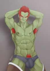 armpit_hair balls bara beard bulge facial_hair flaccid ganondorf ganondorf_(ocarina_of_time) gerudo green_body green_skin hands_behind_head male male_only muscles muscular nintendo ocarina_of_time penis red_hair risingblur solo solo_male the_legend_of_zelda underwear