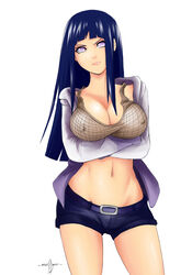 1girls alternate_costume angry belt big_breasts blue_hair bra breast_hold breasts cleavage crossed_arms erect_nipples evildei female female_only fishnets highres hime_cut human hyuuga_hinata hyuuga_hinata_(naruto:_road_to_ninja) jacket large_breasts long_hair looking_at_viewer midriff mound_of_venus naruto naruto:_road_to_ninja naruto_shippuden navel nipples_visible_through_clothing open_hoodie open_jacket purple_eyes short_shorts shorts signature simple_background slim_waist solo standing wide_hips