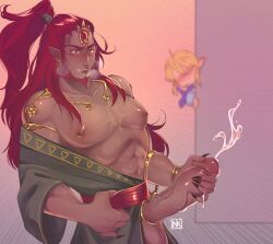 androgynous balls bara beard big_penis blush boner cock_ring cum erection facial_hair ganondorf gerudo green_body green_skin link long_hair male male_only masturbation muscles muscular nauko nintendo orgasm penis red_hair rehydrated_ganondorf solo_focus the_legend_of_zelda