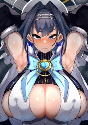 1girls angry armpits arms_behind_head arms_up big_breasts blue_eyes blush cleavage earrings embarrassed female female_only hair_ornament hi_res hololive hololive_english hololive_english_-council- hololive_english_-promise- huge_breasts looking_at_viewer nipple_bulge nuezou ouro_kronii short_hair shoulderless_dress solo sweat sweatdrop sweaty sweaty_armpits virtual_youtuber