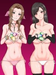 2girls aerith_gainsborough black_hair blush bolo_tie bow bracelet breasts breath brown_eyes brown_hair cameltoe commentary_request condom covering_breasts covering_privates final_fantasy final_fantasy_vii final_fantasy_vii_remake fingerless_gloves gloves gradient_background green_eyes hairbow heart heart-shaped_pupils highres jewelry large_breasts long_hair lowleg lowleg_panties materia medium_breasts multiple_girls panties parted_bangs pink_bow pink_panties pussy_juice pussy_juice_drip_through_clothes pussy_juice_stain side-tie_panties smile stained_panties swept_bangs symbol-shaped_pupils thigh_gap thighhighs tifa_lockhart topless underwear used_condom user_hvxf8778 white_panties