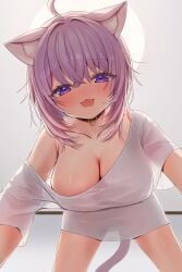 :3 :3d :d bedroom bedroom_eyes body_lines choker drunk full-face_blush half-closed_eyes hololive hololive_gamers hololive_japan horny horny_female huge_breasts naked_shirt nekomata_okayu off-shoulder_shirt pinned pinned_down pov see-through see-through_clothing t-shirt virtual_youtuber white_t-shirt