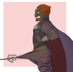 arttvfish balls bara beard blush clothing embarrassed facial_hair flaccid ganondorf ganondorf_(twilight_princess) gerudo green_body green_skin male male_only muscles muscular nintendo penis red_hair solo solo_male the_legend_of_zelda twilight_princess