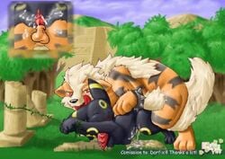 arcanine bandana bracelets cum eeveelution forced generation_1_pokemon generation_2_pokemon handcuffs jungle nintendo no_humans outdoors pokemon pokemon_(species) spiked umbreon zoophilia