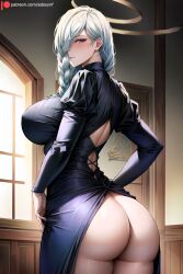 ai_generated ass back bangs black_dress blush braid braided_ponytail breasts closed_mouth clothes_lift dress dress_lift edosynf female from_behind hair_over_one_eye highres huge_ass huge_breasts indoors jujutsu_kaisen juliet_sleeves large_breasts long_hair long_sleeves looking_at_viewer looking_back mei_mei_(jujutsu_kaisen) no_panties parted_lips puffy_sleeves purple_eyes self_upload side_slit smile solo thick_thighs thighs white_hair window