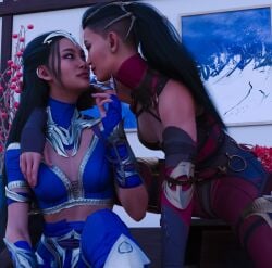 2girls 3d almost_kissing arm_around_neck black_hair cleavage clone closed_mouth cute edenian eye_contact female female_only femdom finger_claws finger_on_chin fully_clothed hi_res human imminent_kiss incest kissing kitana kiteena legs_spread long_hair mileena mortal_kombat mortal_kombat_1_(2023) oddly_wholesome ponytail princess rayalterego23 romantic royalty sisters yuri