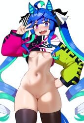 ai_generated anime anime_style blue_eyes blue_hair blush bottomless green_hair hand_on_hip heterochromia looking_at_viewer navel peace_sign purple_eyes pussy sharp_teeth small_breasts smile thetisai thighhighs twin_turbo_(umamusume) two-tone_hair umamusume underboob