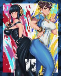 2girls armwear ass ass_to_ass assassin big_ass big_breasts black_dress black_hair blue_pants bracelet breasts brown_eyes brown_hair capcom chinese_clothes chun-li clothing crossover double_bun dress ear_piercing earrings female female_human female_only flatillustratorkhan flower flower_in_hair hair hair_ornament hand_on_hip hips holding_weapon huge_ass human legs lips mature mature_female mature_woman milf peace_sign red_eyes spy_x_family street_fighter street_fighter_6 thick_thighs thighhighs thighs thorn_princess yor_briar yor_forger