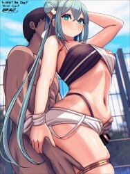 1boy 1girls big_penis blue_eyes blue_hair breasts from_behind goodsmile_racing hatsune_miku racing_miku sex swimsuit thick_thighs thigh_grab thigh_sex vocaloid