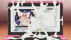 animated asa_kara_zusshiri_milk_pot blue_eyes brown_hair censored chat_log cock_sleeve cock_sleeve_(clothes) cum cum_explosion hair hentai huge_cock huge_filesize long_hair maid mosaic_censoring solo spread_legs testicle_bra yuukidou_iori