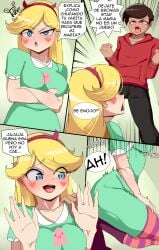 1boy 1girls blonde_hair blue_eyes brown_eyes brown_hair clothed comic comic_page crossed_arms demon_horns female headwear heart heart_cheeks kneeling latino long_hair male marco_diaz roger_(artist) spanish_text star_butterfly star_vs_the_forces_of_evil