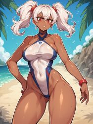 ai_generated beach big_breasts bully bullying dark-skinned_female dark_skin jorgecarlosai long_hair one-piece_swimsuit red_eyes sand swimsuit swimsuits thick_thighs twintails water white_hair wide_hips