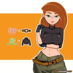 1girls alternate_version_available belt belt_buckle big_breasts bottomwear breasts clothing disney disney_channel female female_only gloves green_eyes green_pants hair handwear kim_possible kimberly_ann_possible like_and_retweet like_icon lips long_hair medium_breasts orange_hair pants propossibleart retweet_icon solo solo_female strip_game topwear