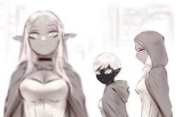 3girls black_elf black_skin cithis cleavage cloak clothed dark-skinned_female dark_elf dark_skin distracted_boyfriend dungeon_meshi elf elf_ears elf_female elf_girl erique erique flamela fully_clothed hood implied_yuri meme monochrome multiple_girls shpo tagme yuri