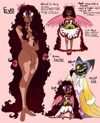 1girls 1male adam_(hazbin_hotel) belly_button choker collar dress eve_(hazbin_hotel) flower flower_in_hair flowers flowers_in_hair freckles freckles_on_chest freckles_on_face halo hazbin_hotel lifting_dress long_hair purple_eyes reference_image text thighs whiteartblood