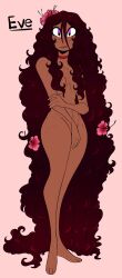 1girls belly_button breasts casual choker collar dark_skin eve_(hazbin_hotel) female flower flower_in_hair flowers flowers_in_hair hazbin_hotel human long_hair naked naked_female nude nudist purple_eyes reference_image solo solo_female text thighs whiteartblood