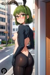 ai_generated animal_ears ass bangs black_gloves blush breasts closed_mouth cowboy_shot day fake_animal_ears female from_behind glasses gloves green_eyes green_hair heart_pasties hori-san_to_miyamura-kun horimiya kouno_sakura long_sleeves looking_at_viewer looking_back medium_breasts meme_attire outdoors pantyhose pasties pikkiwynn rabbit_ears revealing_clothes reverse_bunnysuit reverse_outfit short_hair shrug_(clothing) solo