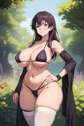 1girls 2024 ai_generated ai_hands anime_nose anime_style black_bikini black_lingerie blue_eyes blush breasts_bigger_than_head brown_hair cleavage clothed_female hand_on_hip large_breasts lingerie long_hair looking_at_viewer massive_breasts mommy_kink plump_ass plump_thighs pudge rimwalker string_bikini thick thick_thighs thighhighs thighhighs_pudge tight_clothing tight_fit voluptuous voluptuous_female