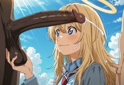 1girls 2boys ai_generated blonde_hair blue_eyes breasts cock_worship cuckold cum dark-skinned_male female halo heaven interracial large_penis light-skinned_male looking_at_viewer male miyazono_kaori netorare ntr penis penis_awe penis_size_comparison penis_size_difference self_upload shigatsu_wa_kimi_no_uso size_comparison size_difference small_penis small_penis_humiliation tagme tiny_penis
