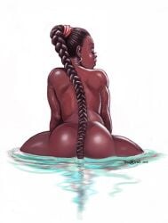 1girls ass back black_hair braid breasts completely_nude dark-skinned_female dark_skin earrings female female_only from_behind hoop_earrings huge_ass jewelry large_ass long_hair looking_at_viewer looking_back nude partially_submerged reflection simple_background solo thick_thighs thighs tied_hair toni_greis twitter_username very_dark_skin very_long_hair water white_background