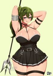 1girls breasts dress female green_eyes green_hair jadenkaiba large_breasts light-skinned_female light_skin long_hair naughty_face sousou_no_frieren ubel_(sousou_no_frieren) weapon