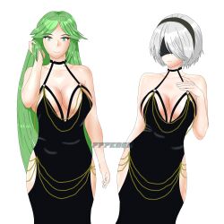 2girls 777edge breasts crossover female female_only green_hair kid_icarus kid_icarus_uprising looking_at_viewer nier nier:_automata nintendo palutena white_hair yorha_2b