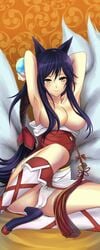 ahri animal_ears armpits ball bare_shoulders black_hair boots breasts cameltoe color devildogs exposed_breasts facial_mark female female_only fox_ears fox_tail high_heels highres large_breasts league_of_legends long_hair looking_at_viewer mitsudomoe_(shape) multiple_tails panties pantyshot pantyshot_(sitting) pantyshot_sitting shoes sitting smile solo tail thighhighs tomoe_(symbol) topless underwear white_panties