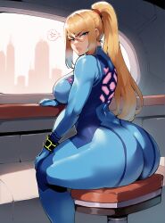 1girls ai_generated ass big_ass blonde_hair blue_eyes bodysuit female kelly_ai looking_at_viewer metroid nintendo samus_aran sitting stable_diffusion thiccwithaq_(ai_style) zero_suit_samus