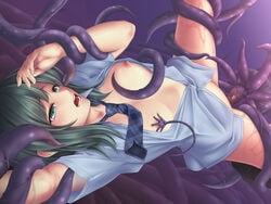 artist_request bottomless breast_grab breasts forced green_eyes green_hair panties pink_panties rape restrained restraint school_uniform small_breast small_breasts tentacle tie