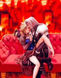 2boys blonde_hair blush braid chocobowings closed_eyes cloud_strife color couch crossdressing dress dress_lift femboy feminine_male final_fantasy final_fantasy_vii gay grabbing groping long_hair male male/male sephiroth silver_hair sitting spiky_hair square_enix tagme thighs yaoi