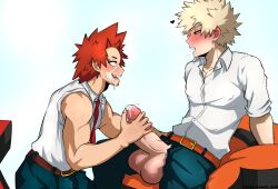 2boys bakugou_katsuki blonde_hair boku_no_hero_academia clothing cum cum_on_face eijirou_kirishima gay handjob katsuki_bakugou kirishima_eijirou my_hero_academia red_eyes red_hair sleepy_kawaii_snail yaoi