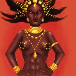 1girls abs african african_female athletic athletic_female breasts dark-skinned_female dark_nipples dark_skin female female_focus female_only gold_(metal) gold_jewelry greenoga jug karaba kirikou_and_the_sorceress long_hair mature_female milf nipples red_eyes spiky_hair topless topless_female