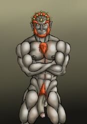 artist_request balls bara beard chest_hair crossed_arms facial_hair flaccid ganondorf ganondorf_(twilight_princess) gerudo green_body green_skin male male_only muscles muscular nintendo nude penis red_hair solo solo_male the_legend_of_zelda twilight_princess