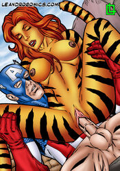 1boy 1girls areola avengers bottomless breasts captain_america closed_eyes gloves greer_nelson leandro_comics legs_held_open marvel mask navel nipples nude penis pussy red_hair reverse_cowgirl_position sex spread_legs steve_rogers straight tagme tail testicles tigra vaginal_penetration vein