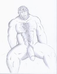 balls bara beard body_hair facial_hair flaccid ganondorf gerudo male male_only monochrome muscles muscular nintendo nude penis sitting solo solo_male the_legend_of_zelda tugfx8