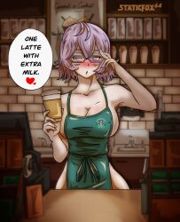 1girls 2024 adjusting_glasses apron apron_only barista big_breasts blush cleavage dialogue digimon digimon_world_re:digitize employee employee_uniform english_text female female_only glasses heart hi_res iced_latte_with_breast_milk looking_at_viewer meme mirei_mikagura narrowed_eyes purple_eyes purple_hair sideboob solo speech_bubble starbucks staticfox64 talking_to_viewer