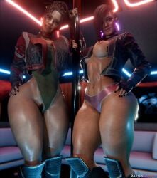 2girls 3d blender cyberpunk_2077 female_only hourglass_figure looking_at_viewer nipple_peek panam_palmer pole pubic_hair rezzio19 seductive_smile sexy_pose smiling thick_thighs valerie_(cyberpunk_2077) wide_hips