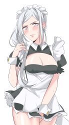 1girls alternate_costume alternate_hairstyle breasts cleavage edelgard_von_hresvelg embarrassed female female_only fire_emblem fire_emblem:_three_houses grey_hair maid maid_headdress maid_uniform medium_breasts nintendo purple_eyes solo sou_mei thighs