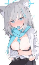 abydos_high_school_student animal_ear_fluff animal_ears black_bra black_skirt blue_archive blue_eyes blue_scarf blush bra breasts cleavage condom condom_wrapper cross_hair_ornament extra_ears female foreclosure_task_force_(blue_archive) grey_hair hair_ornament halo highres long_sleeves looking_at_viewer medium_breasts medium_hair mikozin mouth_hold navel nipple_slip nipples open_clothes open_shirt pleated_skirt scarf shiroko_(blue_archive) shirt sidelocks skirt solo sweat underwear white_shirt wolf_ears