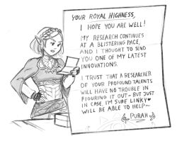 1girls black_and_white braid braided_hair breath_of_the_wild calamari_cakes comic female fingerless_gloves hand_on_hip letter link monochrome pointy_ears princess princess_zelda purah reading short_hair sketch tears_of_the_kingdom text text_bubble the_legend_of_zelda zelda_(tears_of_the_kingdom)