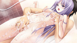 bath blush breast_grab breasts bubbles censored fingering game_cg hatsukoi_sacrament long_hair male_hand nipples nude purple_eyes purple_hair purple_software pussy shower wet