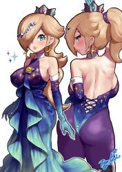 1girls alternate_costume artist_signature ass bare_back bare_shoulders big_ass big_breasts big_butt blonde_hair blue_eyes blush breasts butt crown cute dat_ass detached_sleeves dress earrings erect_nipples erect_nipples_under_clothes eye_contact female female_only gloves hair_ornament hair_over_one_eye heart-shaped_pupils hi_res high_resolution highleg highleg_leotard highres hourglass_figure jewelry large_breasts leotard light-skinned_female light_skin long_hair looking_at_viewer looking_back mario_(series) mario_kart mario_kart_tour midriff multiple_views nintendo nipple_bulge nipples no_bra off_shoulder official_alternate_costume pale-skinned_female pale_skin plain_background ponytail posing princess_dress princess_rosalina sideboob sidelocks signature simple_background sleeveless solo solo_female standing symbol-shaped_pupils thong_leotard viewed_from_behind white_background wide_eyed wide_hips yamino_ekakinin